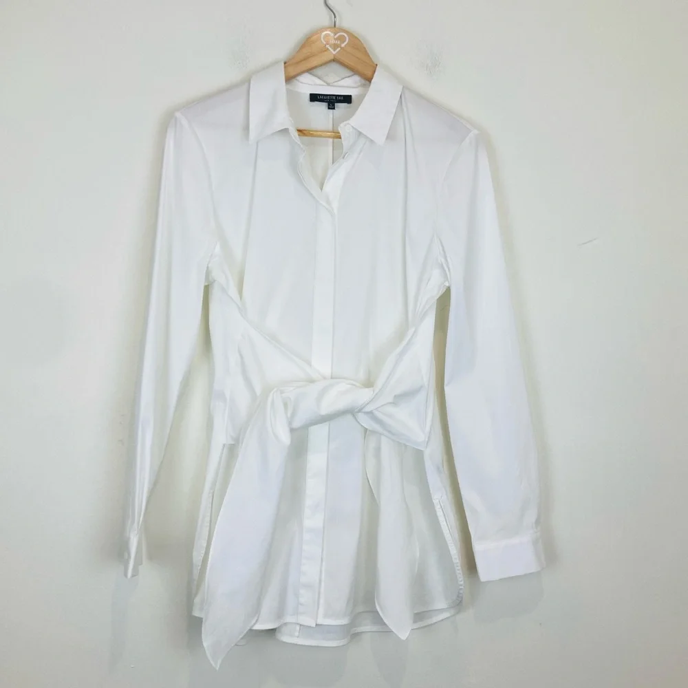 Lafayette 148 crisp stretch white cotton button front shirt with tie at front. L - Picture 2 of 5